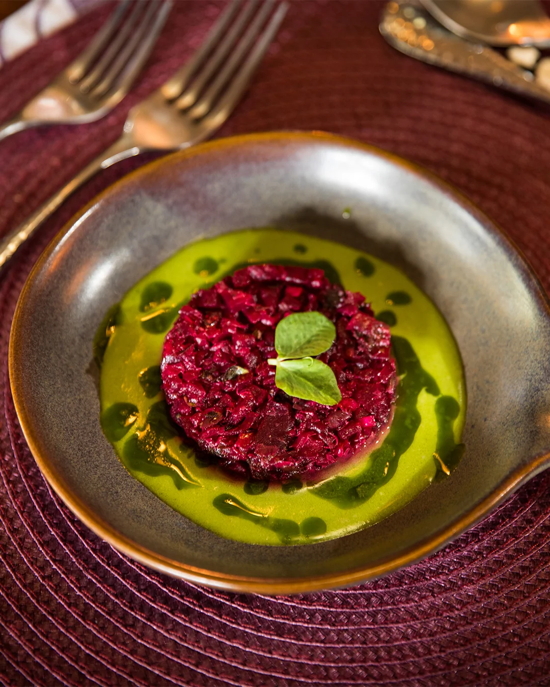A carefully plated dish served in a ceramic bowl