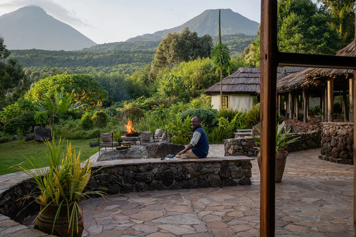 Virunga peaks and gardens viewed from Mount Gahinga Lodge in Uganda