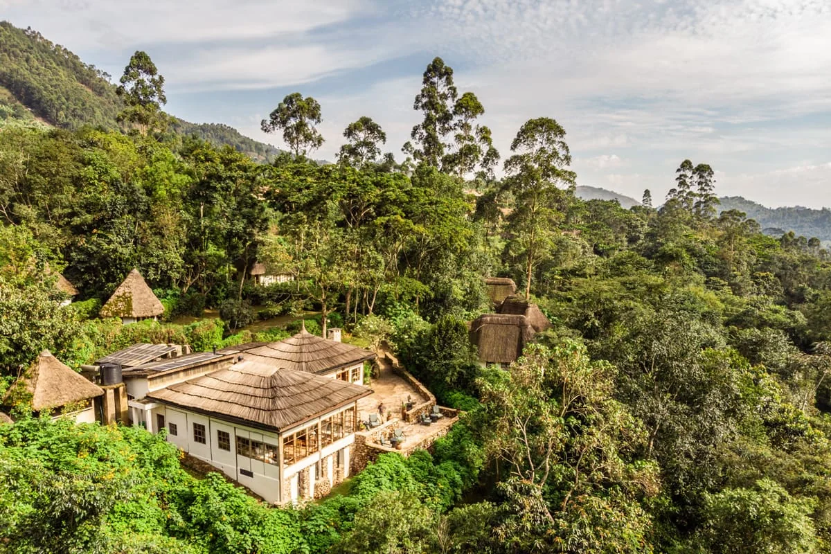 Aerial view of Bwindi Lodge at the forest edge