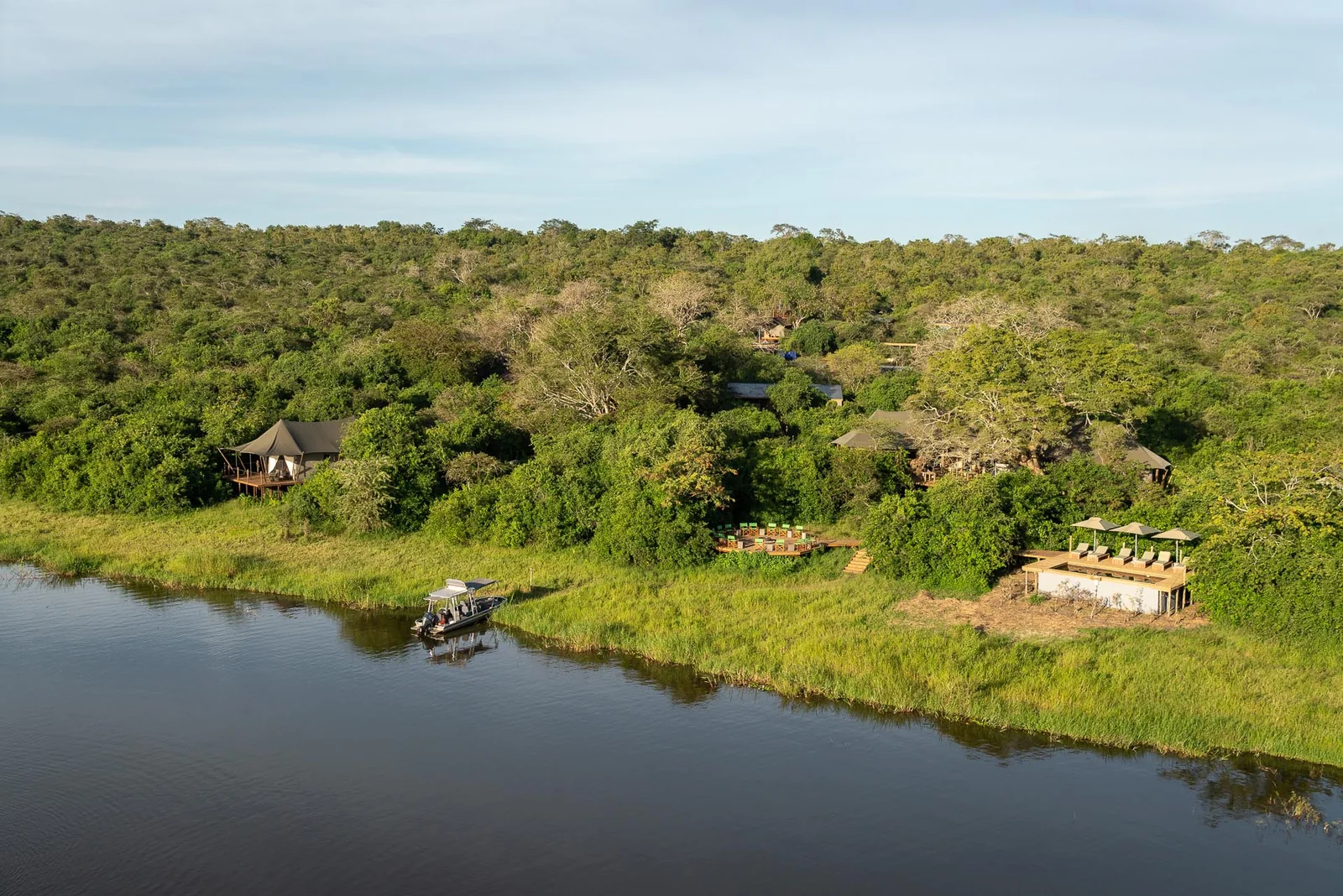 Aerial view of Wilderness Magashi beside Lake Rwanyakazinga